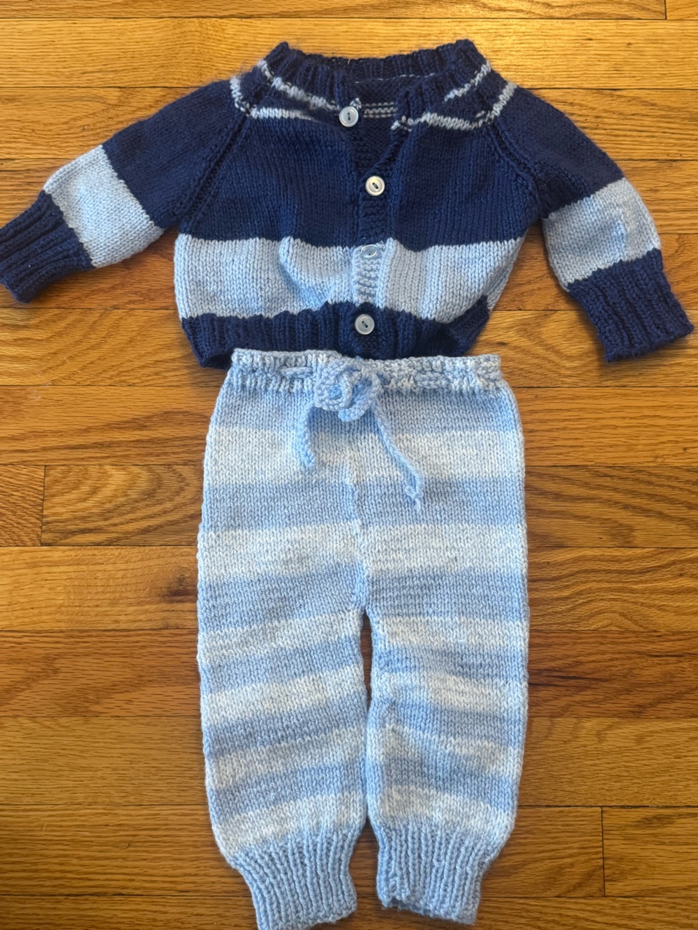Hand Knit Two-Piece Set - Light Blue & Navy Stripes